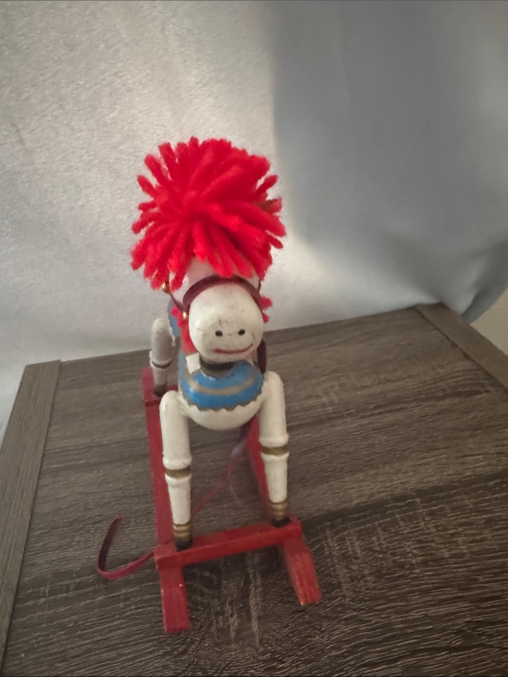 Vintage Handcrafted Wooden Rocking Horse Figurine with Red Pom-Pom